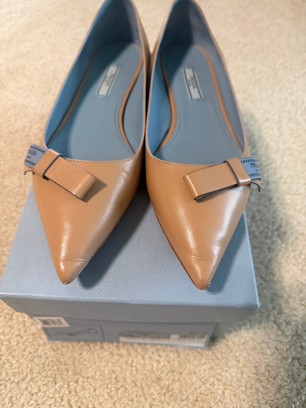 Prada Beige Pointed-Toe Leather Flats with Bow Accent - Picture 3 of 4